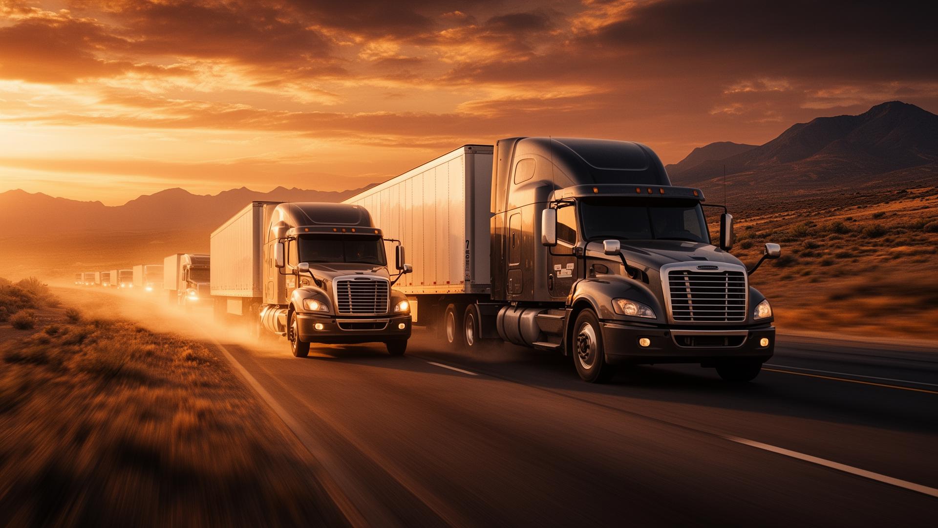 Fleet of Conex semi trucks on a US highway at sunset